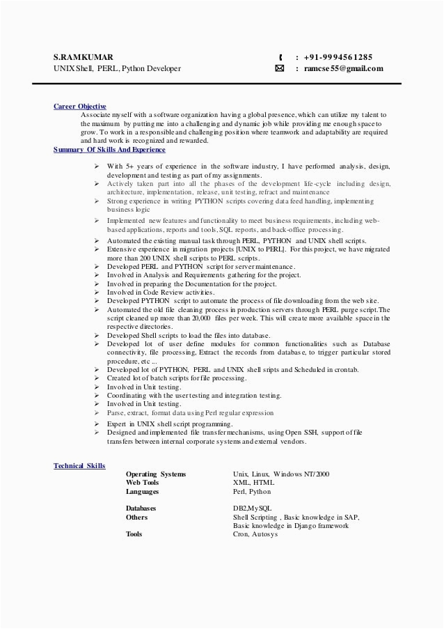Sample Resume for Unix Shell Scripting Ramkumar Python Perl Unix Shell Script Developer