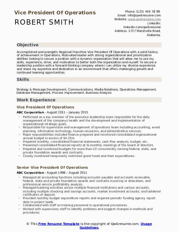 Sample Resume for Vice President Of Operations Sample Vp Operations Resume Free Download Resume Template