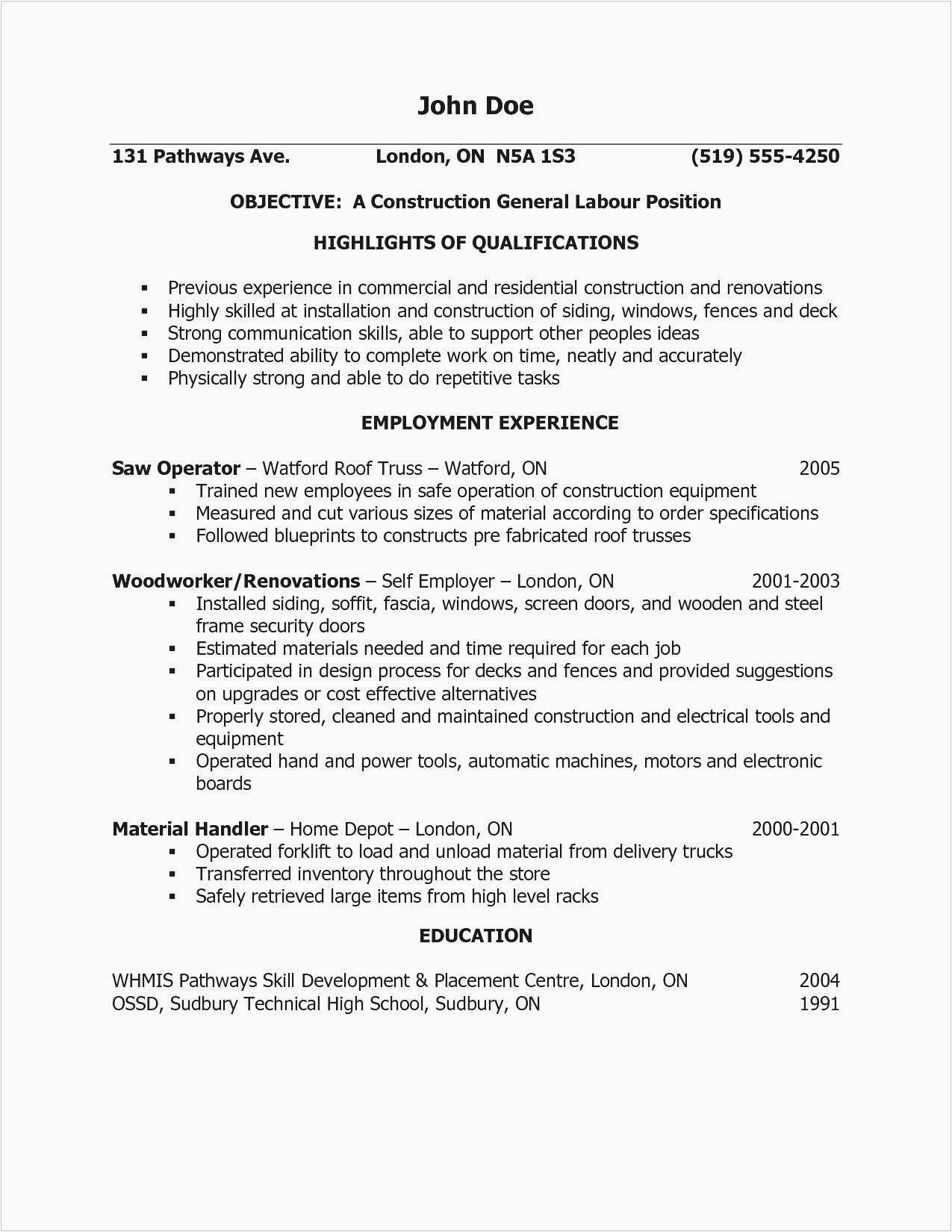 Sample Resume Objectives for General Labor Construction Laborer Resume Unique General Labor Resume