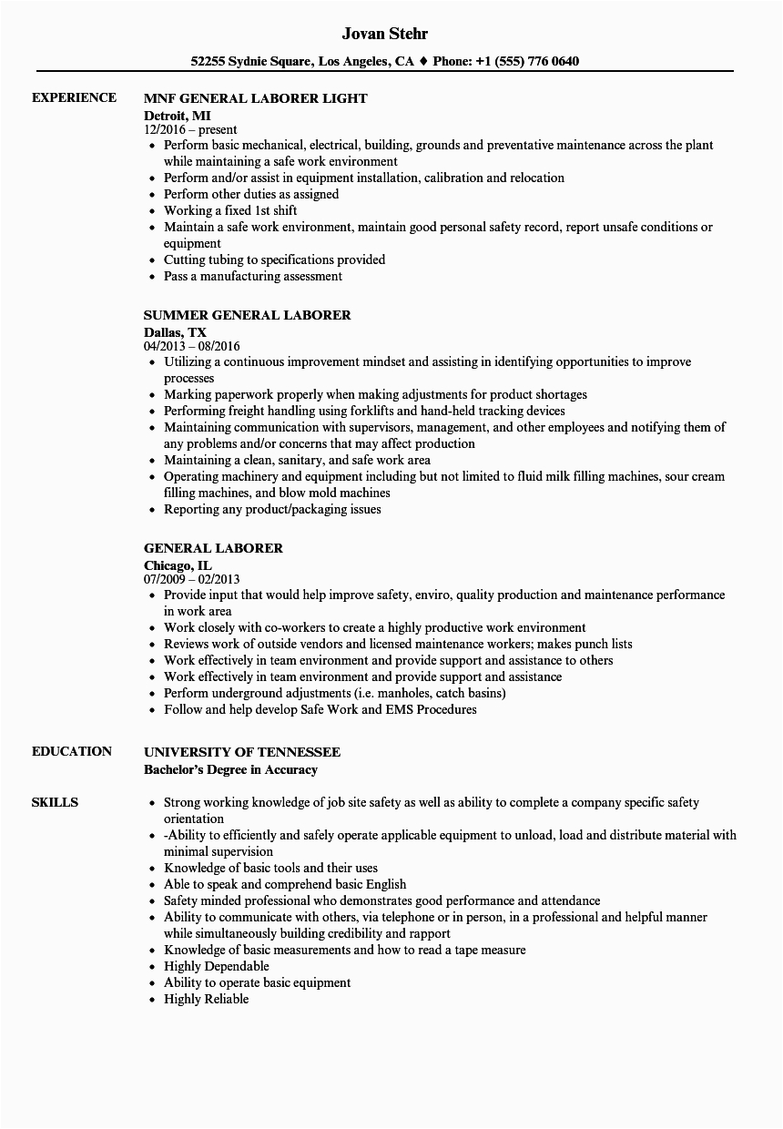 Sample Resume Objectives for General Labor General Labor Resume Examples Free Resume Templates
