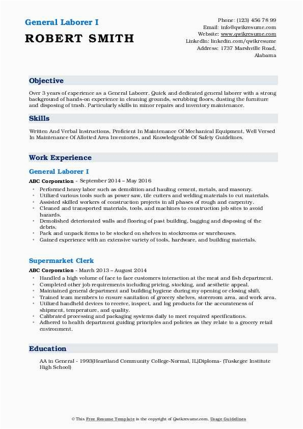 Sample Resume Objectives for General Labor General Laborer Resume Samples