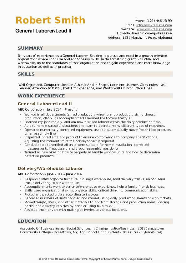 Sample Resume Objectives for General Labor General Laborer Resume Samples