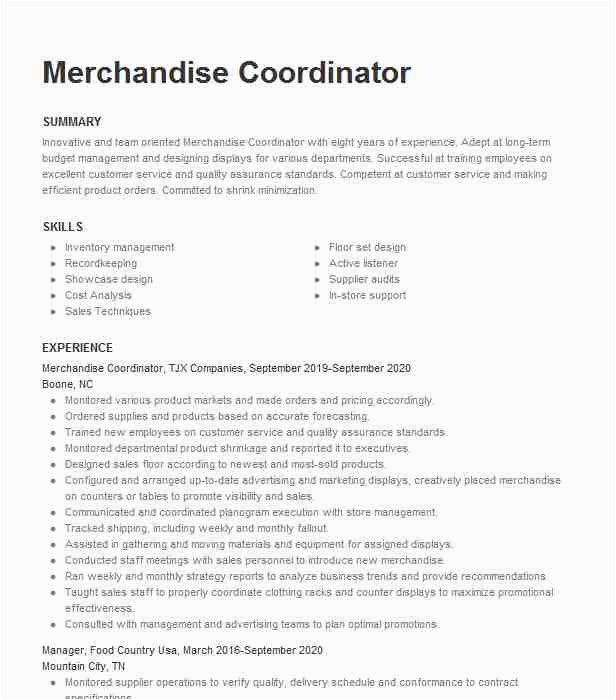 Tj Maxx Sales associate Resume Sample Merchandise Coordinator Resume Example T J Maxx