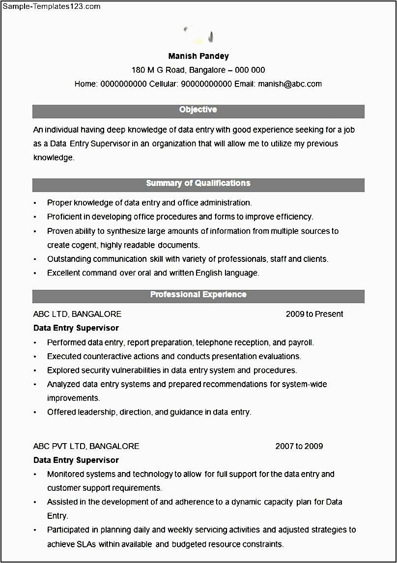 Best Place to Get Resume Templates Data Entry Supervisor Resume format Sample Templates