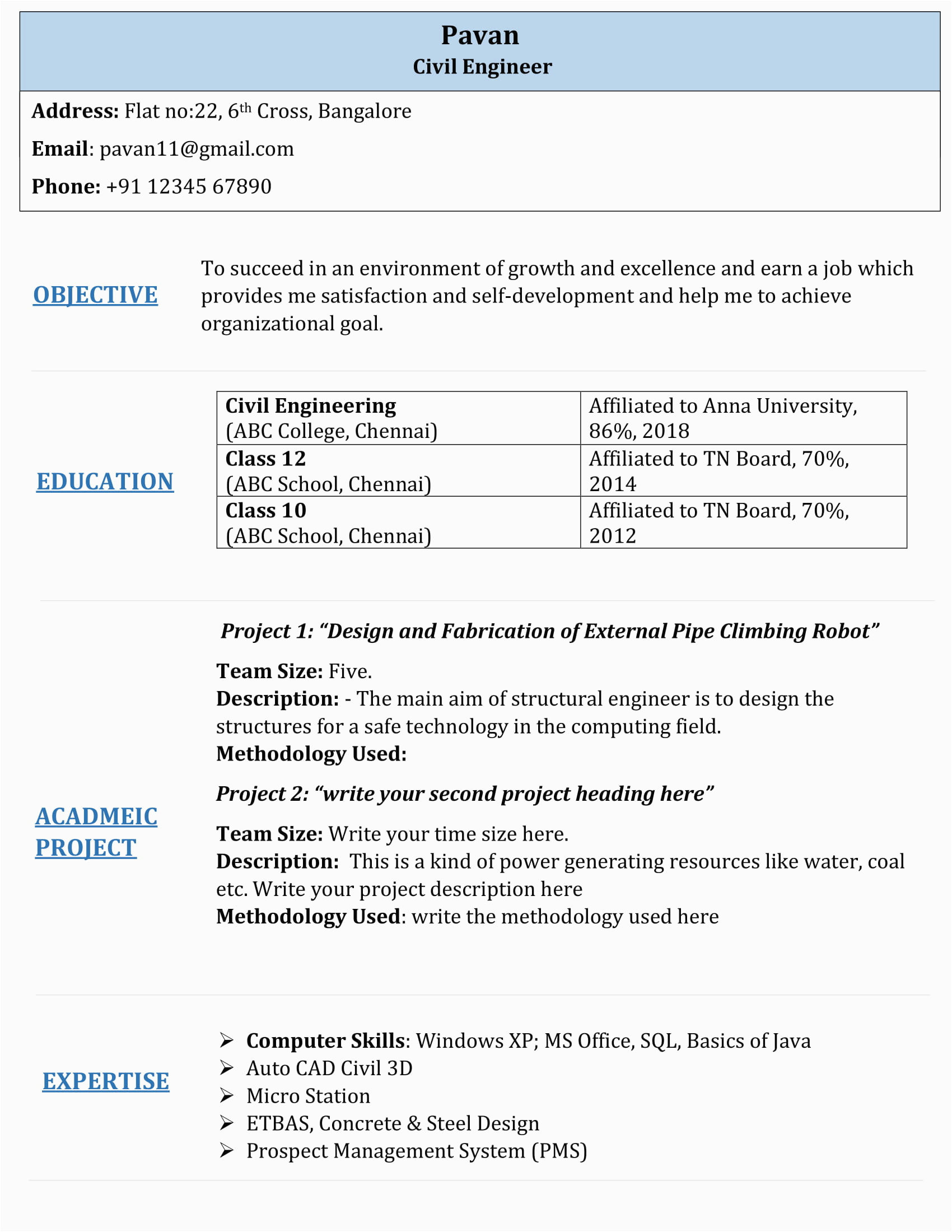 Civil Engineering Sample Resume for Freshers Fresher Civil Engineering Resume Template 2 – Samavabudh