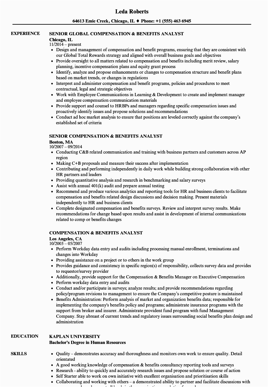 Compensation and Benefits Analyst Resume Sample Pensation & Benefits Analyst Resume Samples
