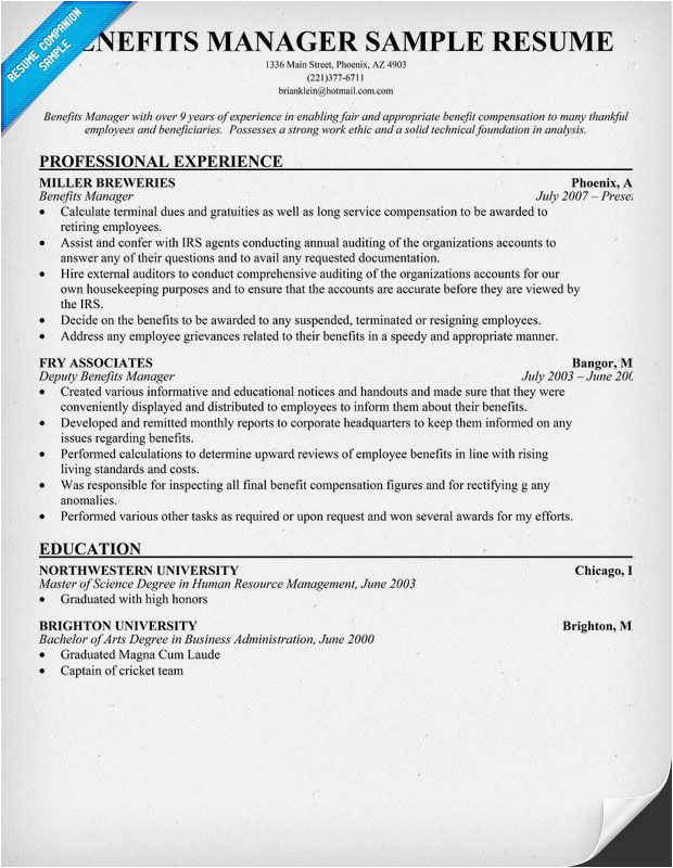 Compensation and Benefits Manager Resume Sample Benefits Manager Resume Example