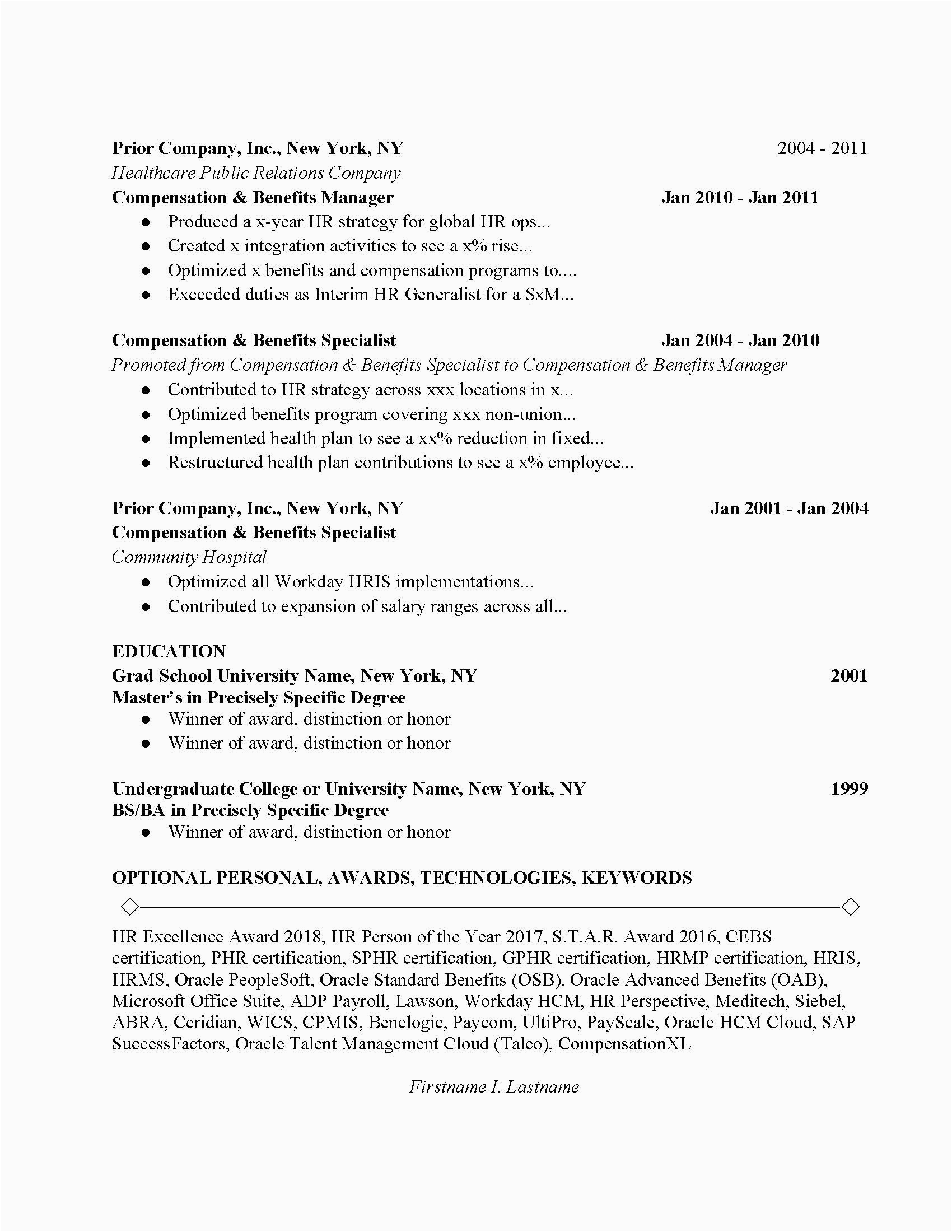 Compensation and Benefits Manager Resume Sample Pensation and Benefits Manager Resume Example