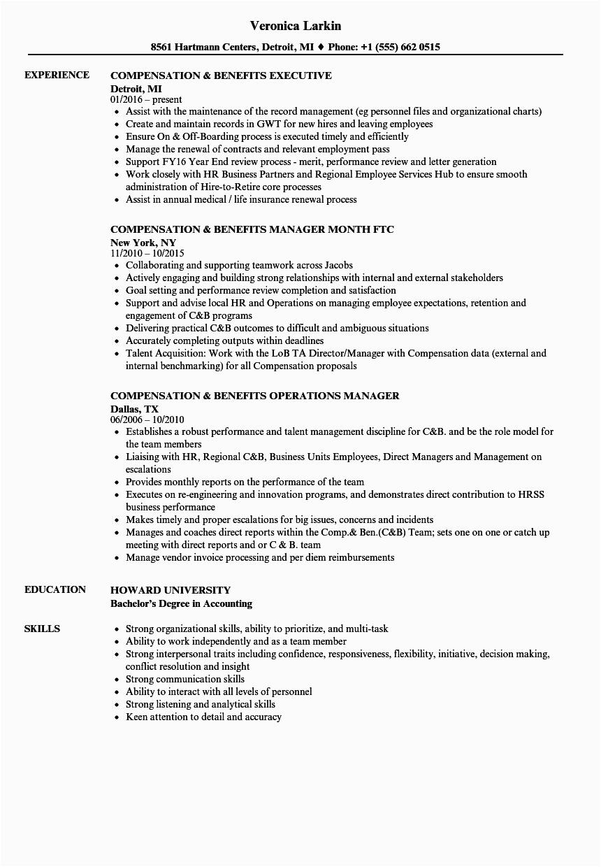 Compensation and Benefits Manager Resume Sample Pensation & Benefits Resume Samples