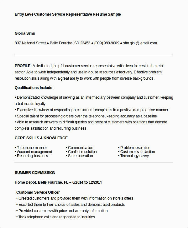 Entry Level Customer Service Resume Template Customer Service Representative Resume 9 Free Sample