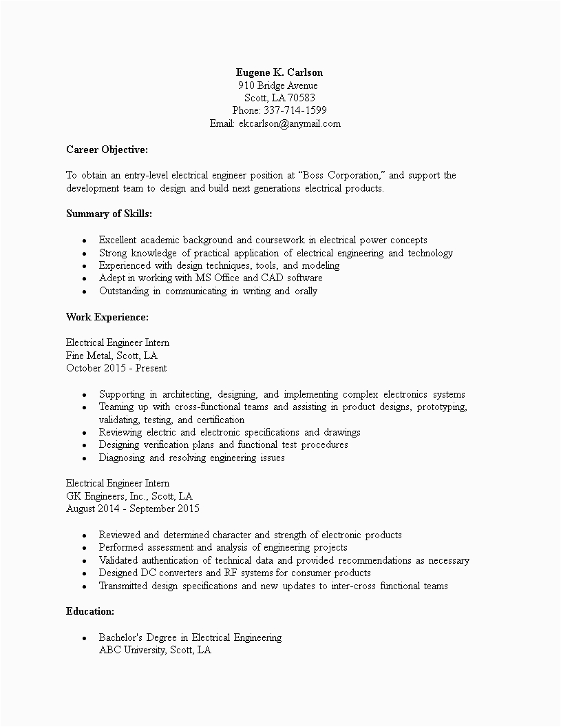 Entry Level Electrical Engineering Resume Sample Electrical Engineering Entry Level Resume Template