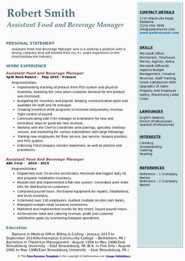 Food and Beverage Manager Resume Template assistant Food and Beverage Manager Resume Samples