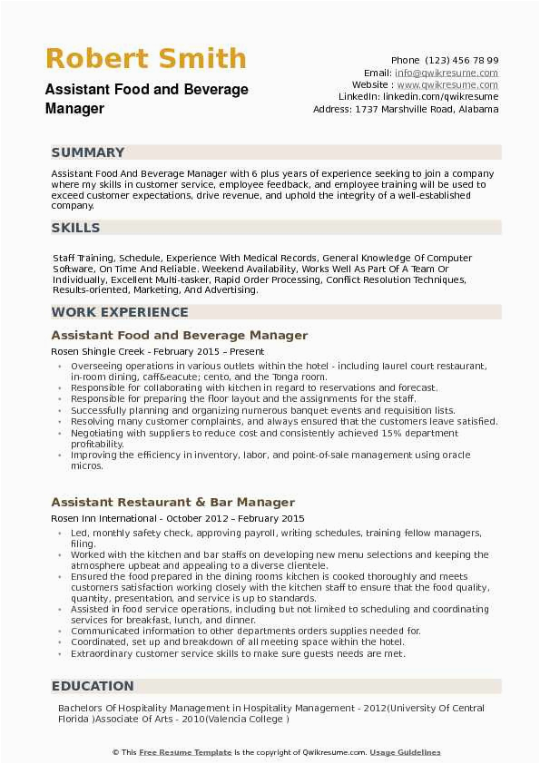 Food and Beverage Manager Resume Template assistant Food and Beverage Manager Resume Samples