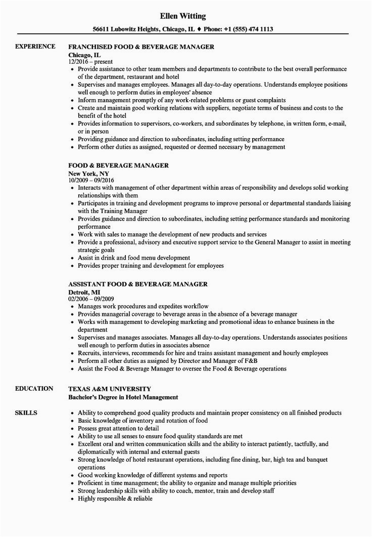 Food and Beverage Manager Resume Template √ 20 Food and Beverage Director Resume In 2020