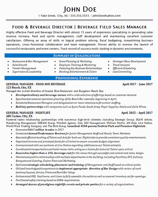 Food and Beverage Manager Resume Template Food Beverage Manager Resume Example Restaurant & Bar