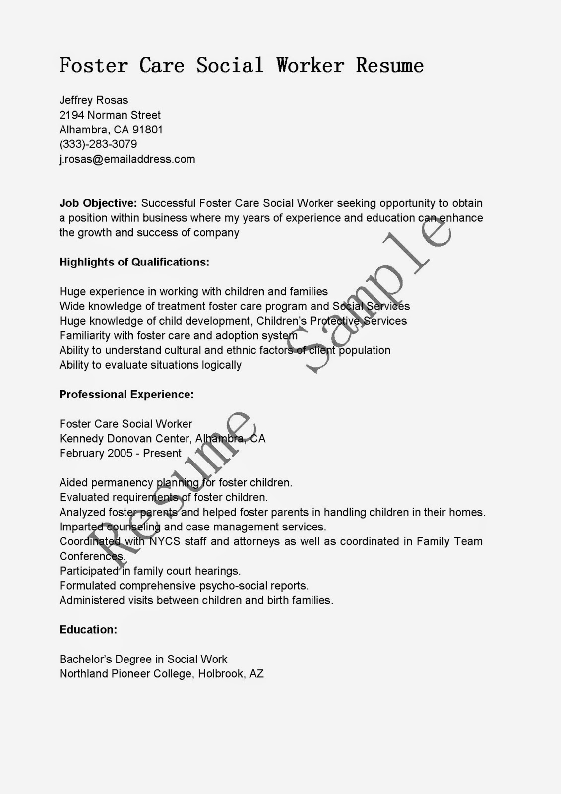 Foster School Of Business Resume Template Resume Samples Foster Care social Worker Resume Sample