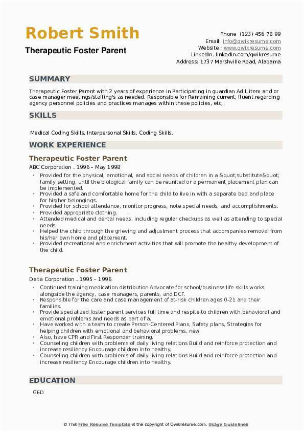 Foster School Of Business Resume Template therapeutic Foster Parent Resume Samples