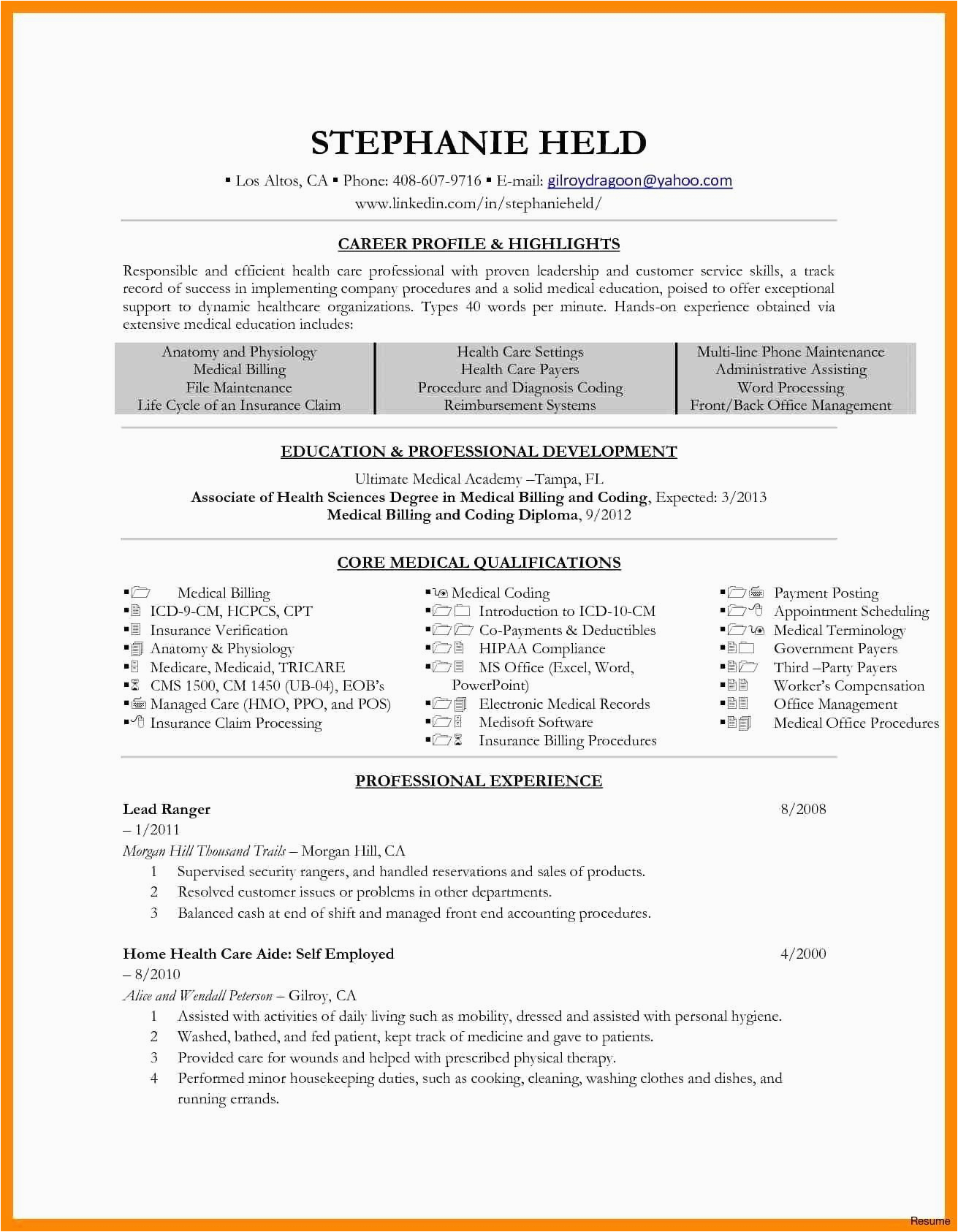 Free Medical Billing and Coding Resume Templates 11 Medical Billing Resume Example Collection