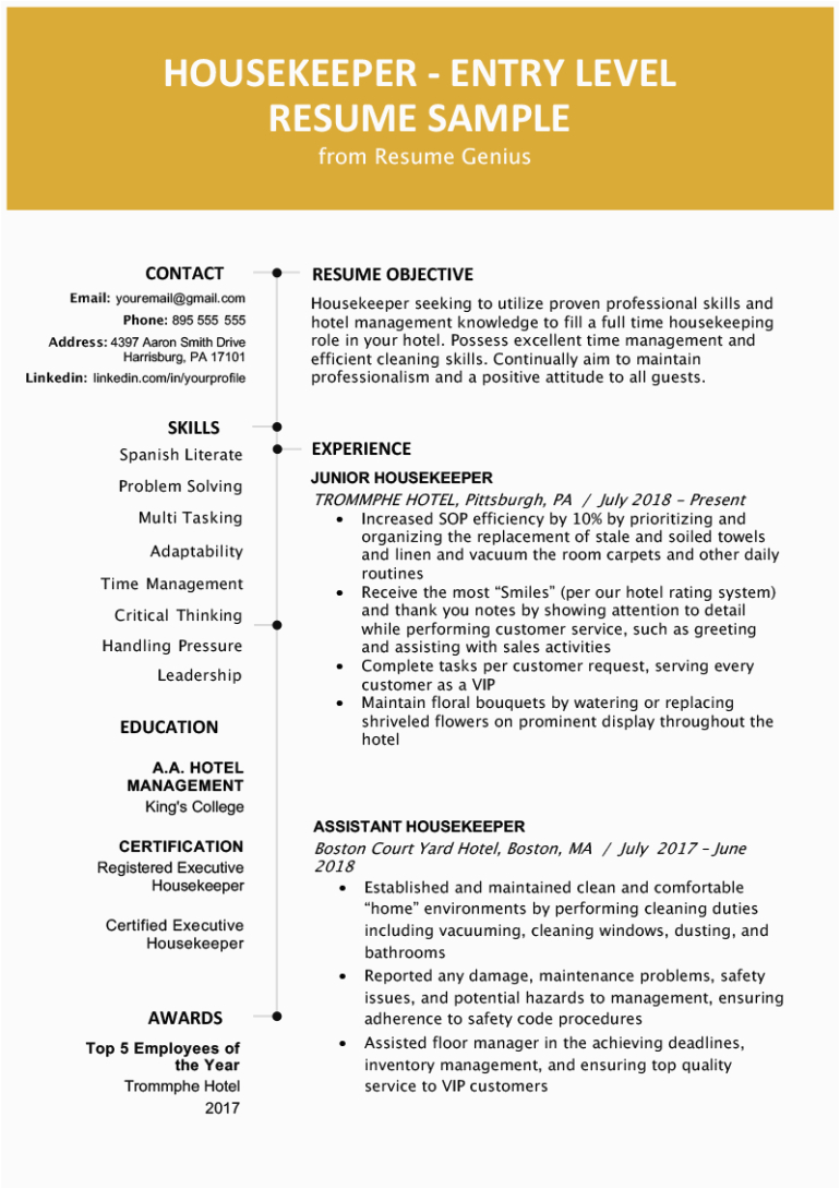 Free Resume Templates for Entry Level Jobs Free Entry Level Housekeeping Resume Template