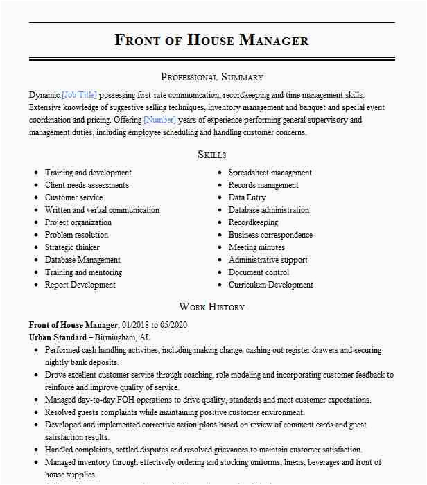 Front Of House Manager Resume Sample Front the House Manager Resume Example the Wheel