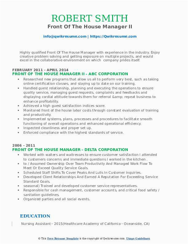 Front Of House Manager Resume Sample Front the House Manager Resume Samples