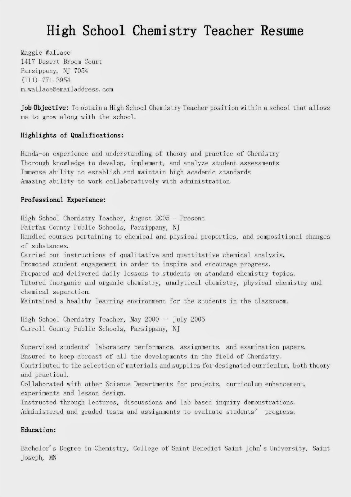 High School Chemistry Teacher Resume Samples Resume Samples High School Chemistry Teacher Resume Sample