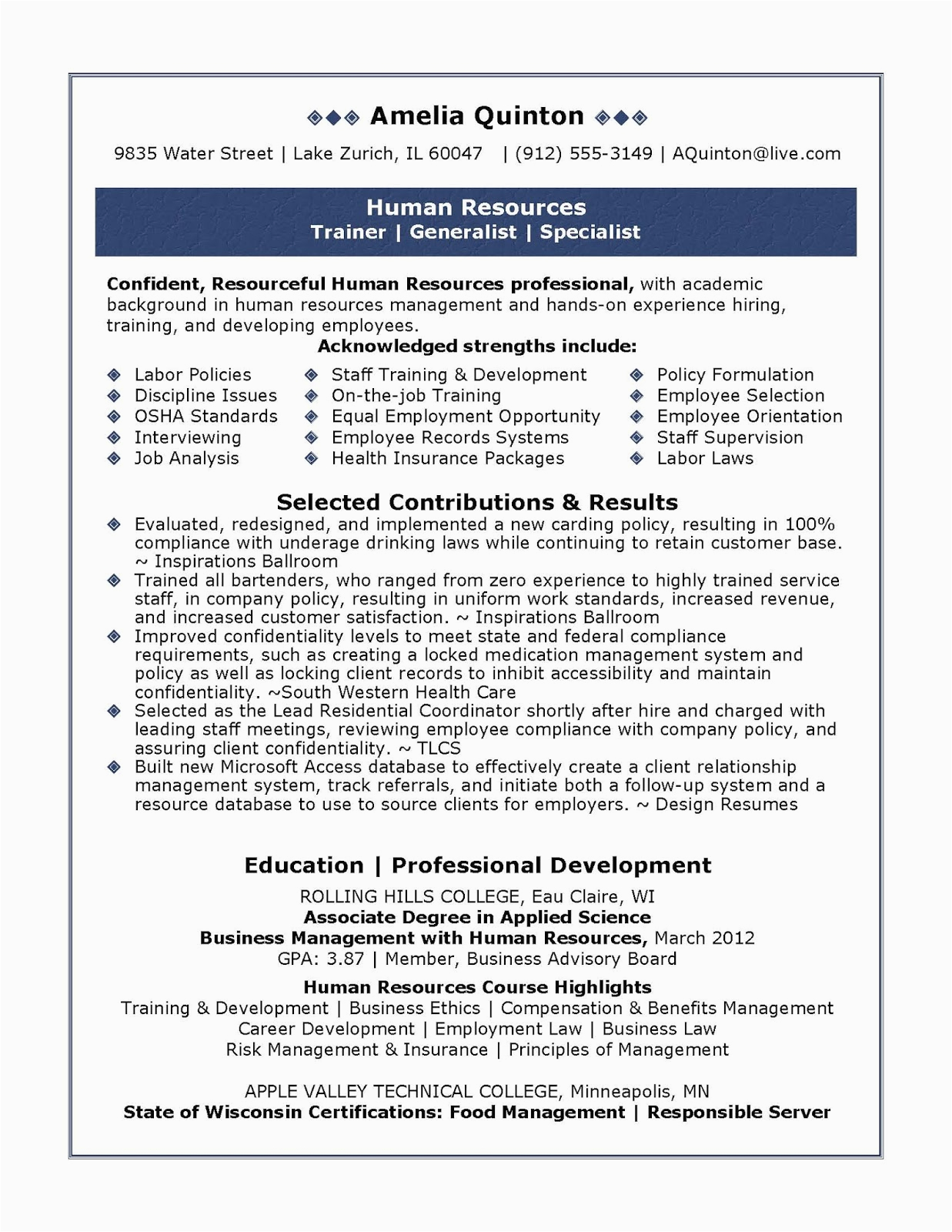 Human Resource Resume Examples and Samples Sample Human Resources Resume