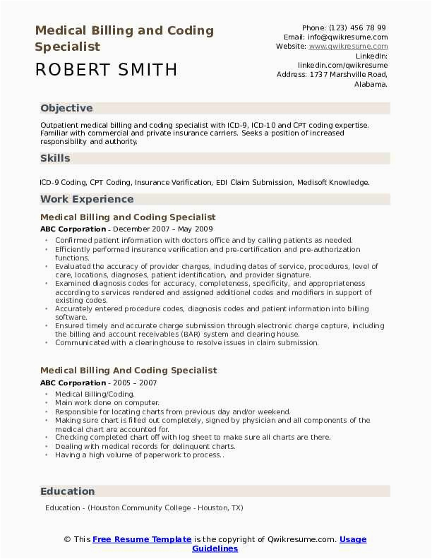 Medical Billing and Coding Resume Templates Medical Billing and Coding Specialist Resume Samples