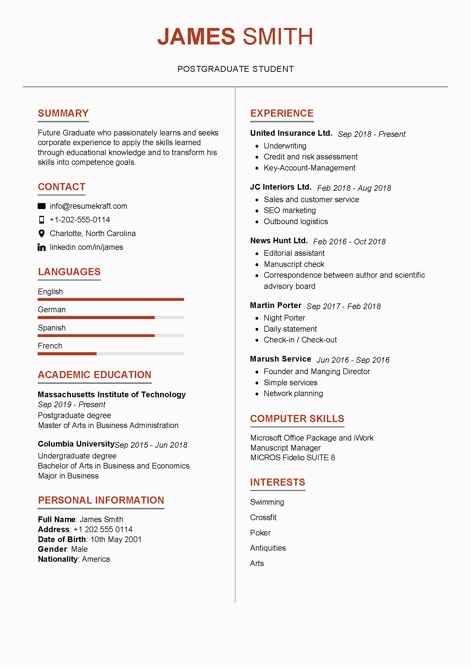 Professional Resume Template for College Students Graduate Student Resume Sample