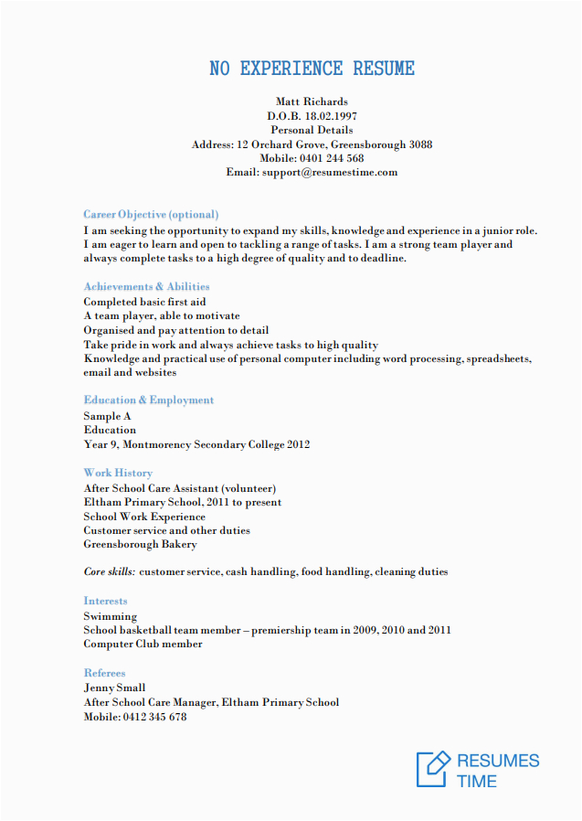 Resume for Beginners with No Experience Sample Entry Level Resume Examples with No Work Experience