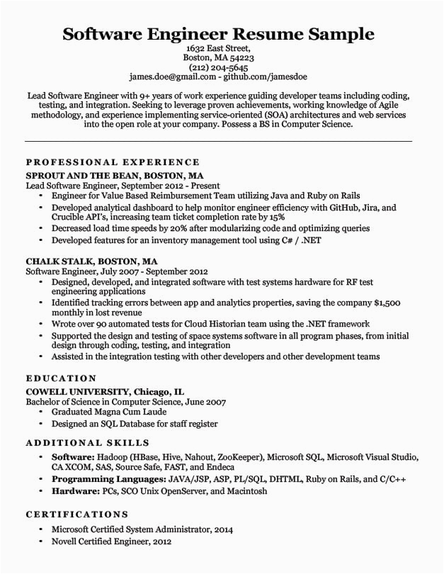 Resume Template for Experienced software Engineer software Engineer Resume Sample & Writing Tips