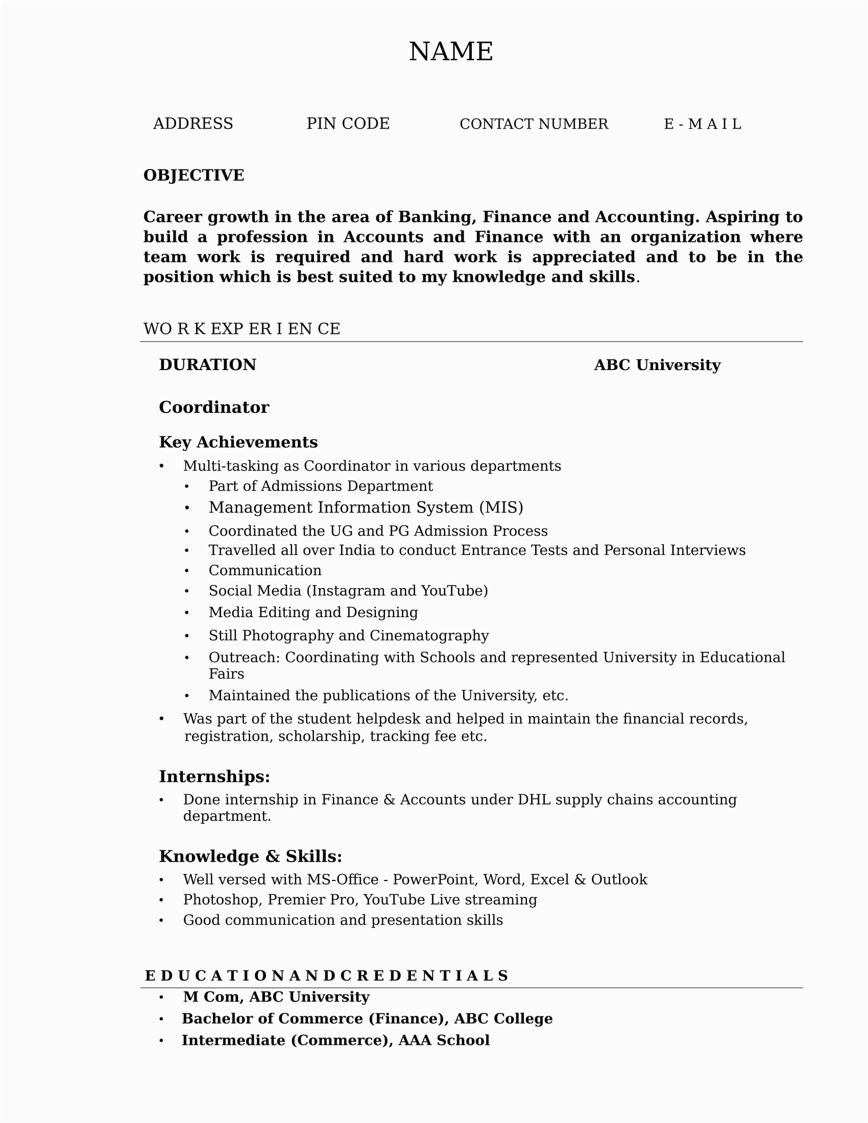 Resume Templates for Accounting and Finance Resume Templates for Accounting & Finance Freshers