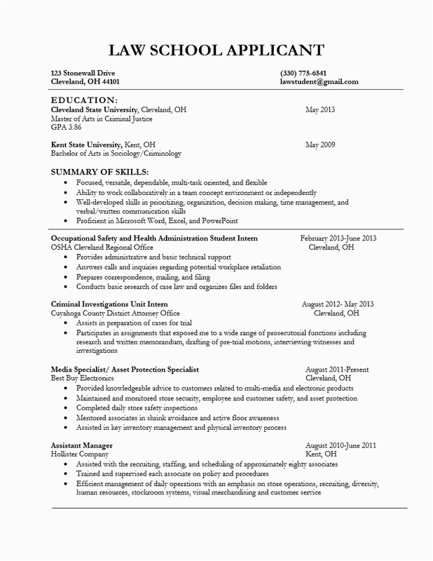 Resume Templates for Law School Applications Law School Resume Template