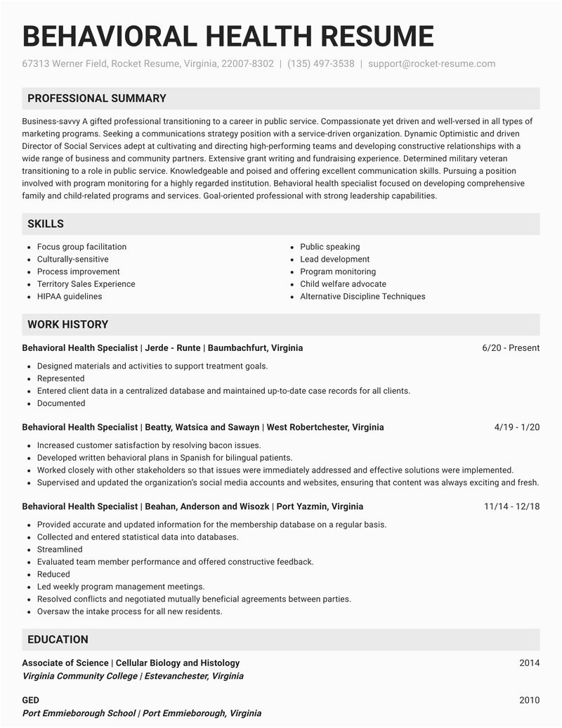 Resume Templates for Mental Health Professionals Behavioral Health Specialist Resumes