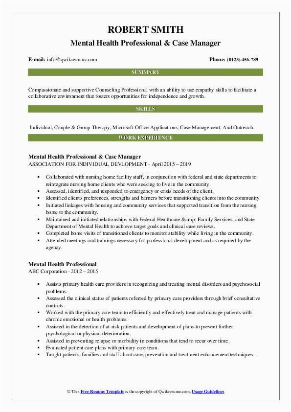 Resume Templates for Mental Health Professionals Mental Health Professional Resume Samples