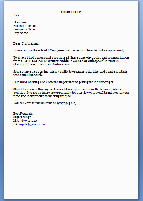 Sample Email Cover Letter with Resume attached for Freshers Cover Letter for Freshers