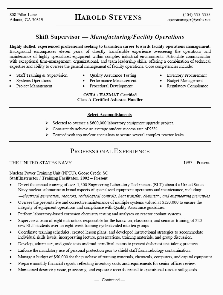 Sample Military to Civilian Transition Resume Resume Sample for Military to Civilian Career Transition