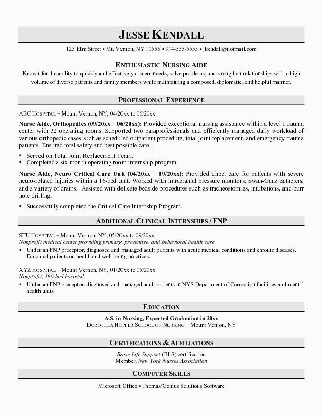 Sample Nursing assistant Resume Entry Level Entry Level Nurse Aide Resume Sample
