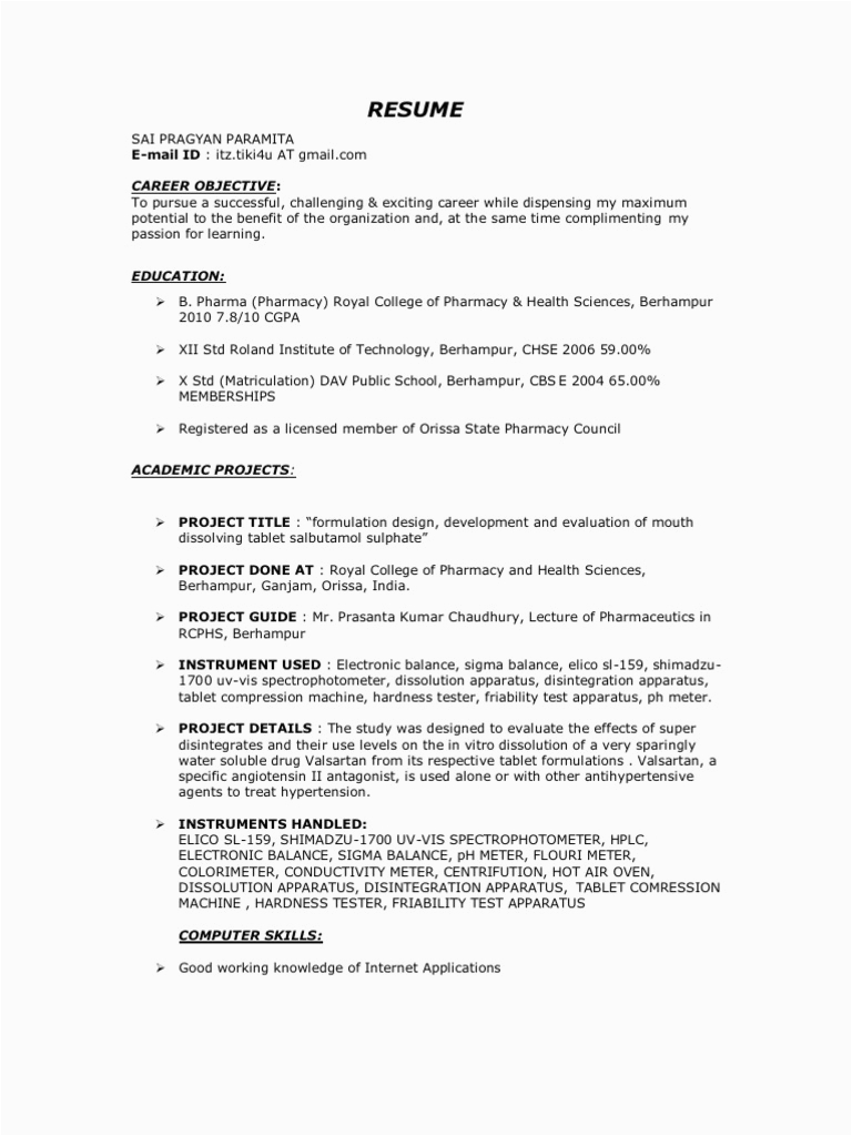 Sample Resume for B Pharmacy Freshers Pdf B Pharm Fresher Resume