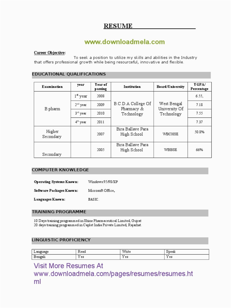 Sample Resume for B Pharmacy Freshers Pdf Mela B Pharm Fresher Resumec