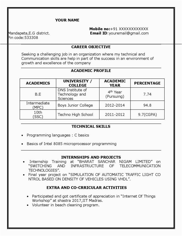 Sample Resume for B Tech Final Year Student Resume Btech Student