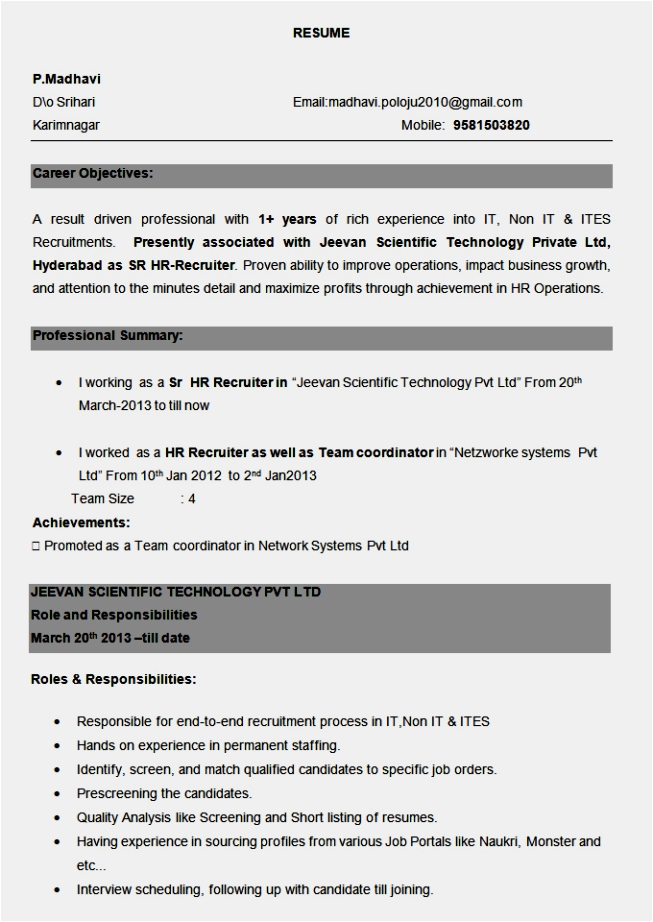 Sample Resume for Bpo Non Voice Experience Resume format for Bpo Non Voice