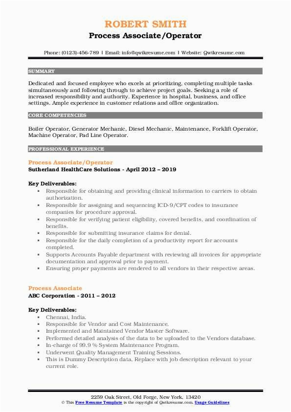 Sample Resume for Experienced Process associate Process associate Resume Samples