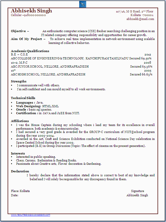 Sample Resume for Freshers Engineers Computer Science Pdf Resume Blog Co Bachelor Of Puter Science Engineer B E