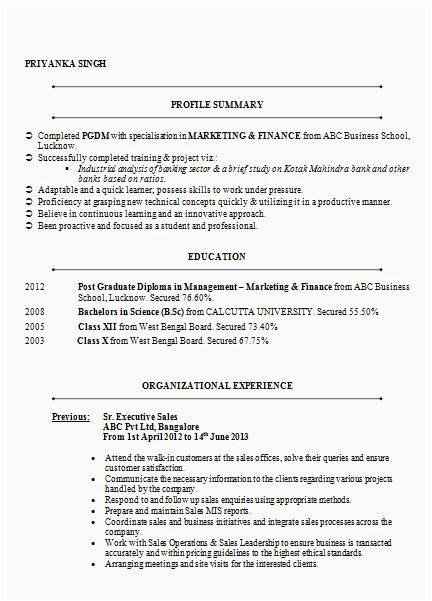 Sample Resume for Freshers Mba Finance and Marketing Mba Marketing & Finance Resume Sample Doc 1