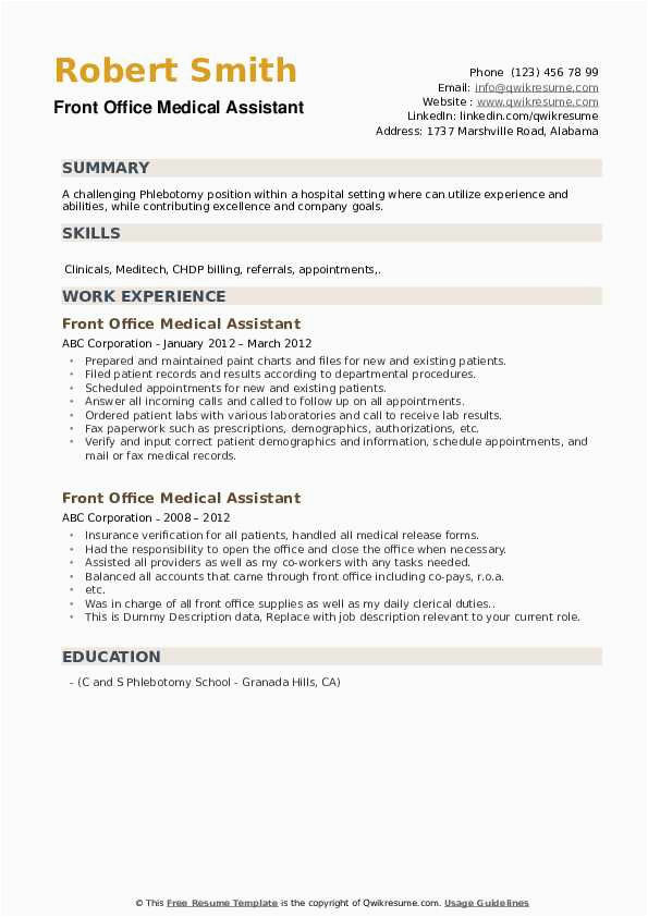 Sample Resume for Front Office Medical assistant Front Fice Medical assistant Resume Samples
