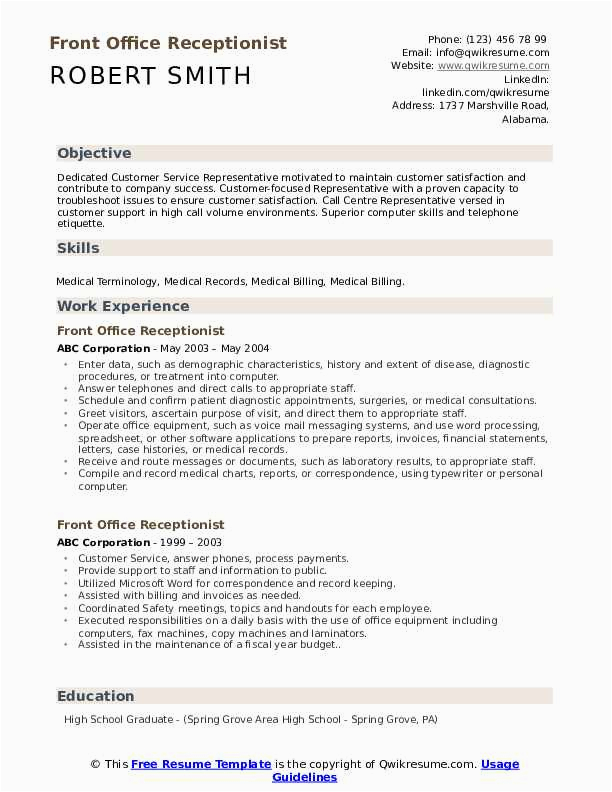 Sample Resume for Front Office Receptionist Front Fice Receptionist Resume Samples