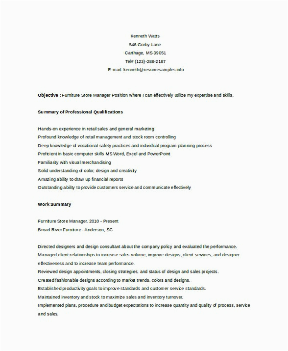 Sample Resume for Furniture Sales Position assistant Store Manager Resume