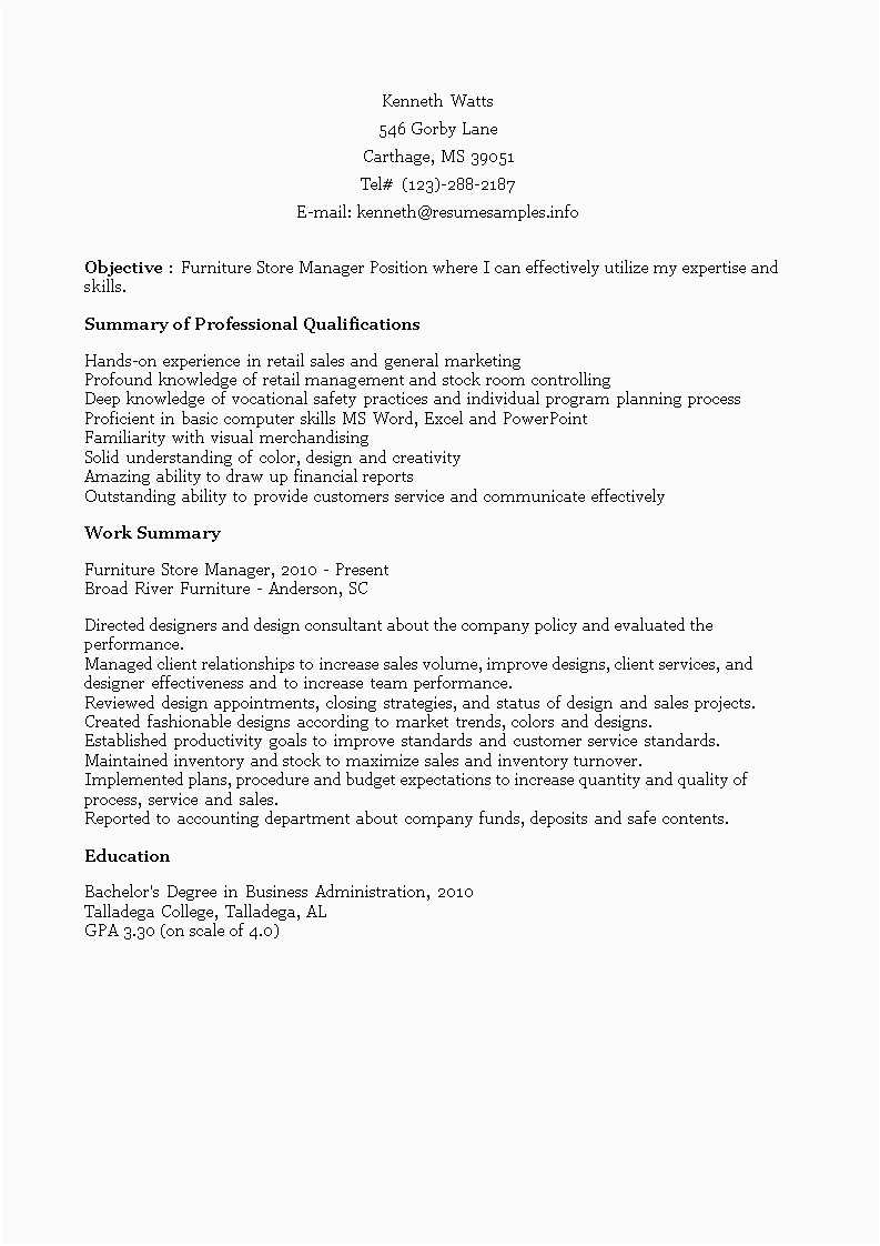 Sample Resume for Furniture Sales Position Furniture Store Manager Resume