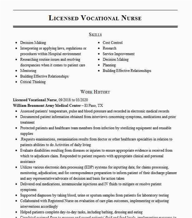 Sample Resume for Licensed Vocational Nurse Licensed Vocational Nurse Resume Example Burlingame